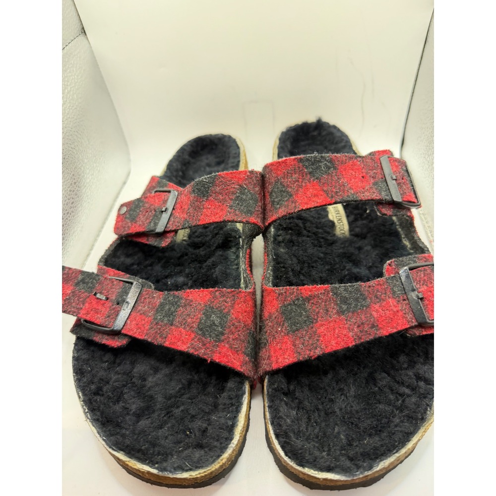 Birkenstock Arizona Shearling Buffalo Plaid Red Black Sandals Mens 46 US 13-13.5